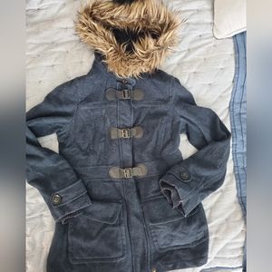 Womens navy medium pea coat with faux fur hood